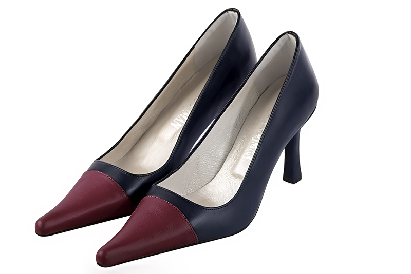 Burgundy red and navy blue women's dress pumps,with a square neckline. Pointed toe. High slim heel. Front view - Florence KOOIJMAN